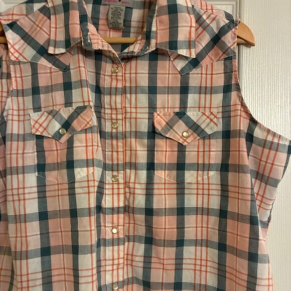 Wrangler Women's Blue Peach Plaid Pearl Snap Buttons Western Country Shirt XL - Picture 2 of 8